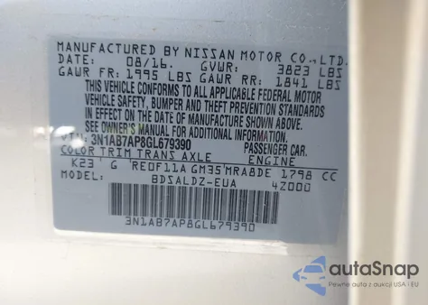 2016 Nissan Sentra Sv z USA, uszkodzony, nr VIN 3N1AB7AP8GL679390